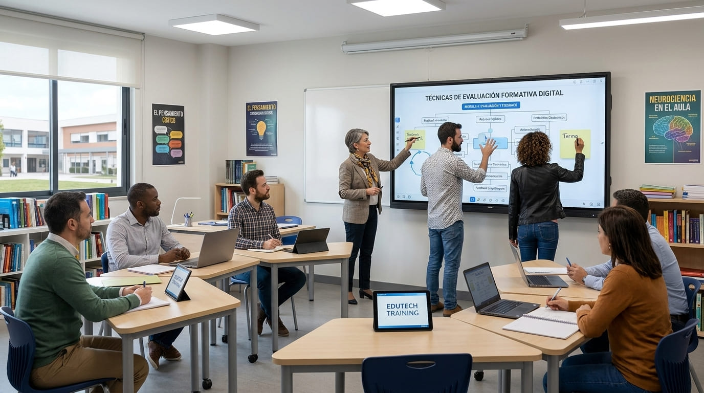 Docentes en capacitación con pizarra interactiva