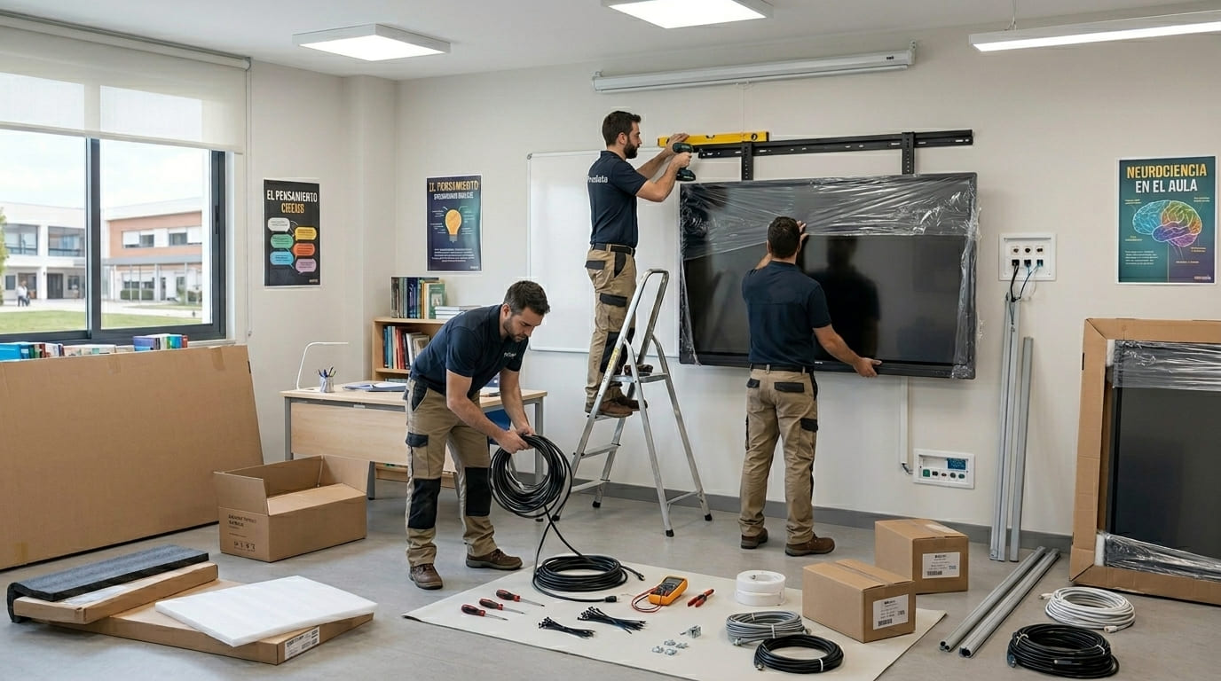 Equipo técnico en montaje de pizarra interactiva